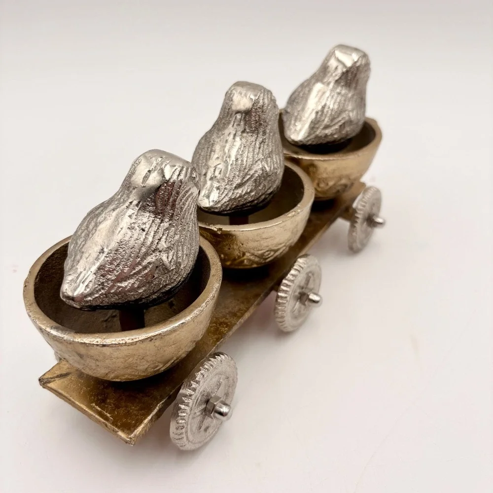 Vintage Style Mixed Metal Three Birds on Rolling Cart Figurine‎ Decor 8.5 Inch